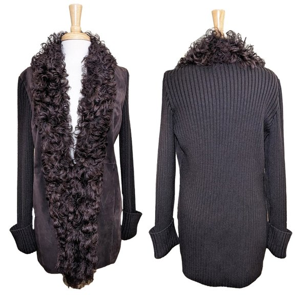 Vintage DANA BUCHMAN Suede/Wool Open Jacket/Coat + Lamb Fur Collar - Picture 1 of 6